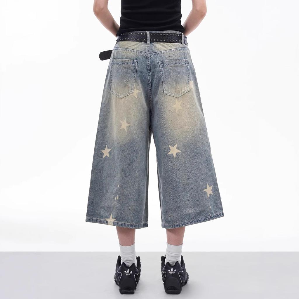 Denim Cropped Pants Men's American Retro Ripped Star Print Medium Pants Loose Washed Wide-leg Shorts