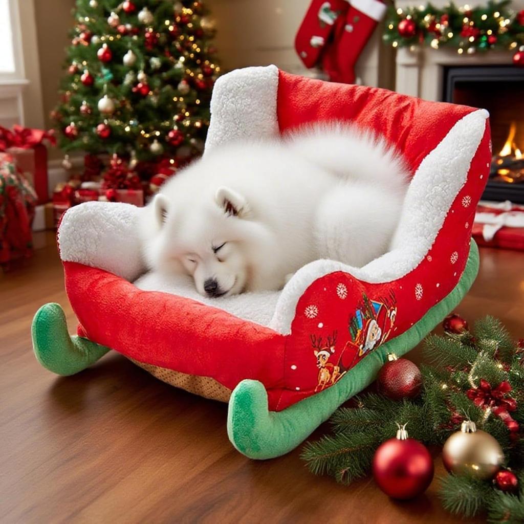 Christmas Sleigh Dog Bed for Cats Festive Cozy Insulated Nest for Winter Holiday Puppy Animal Calming Sleeping Cat Cold Weather Nights Cozy Indoor