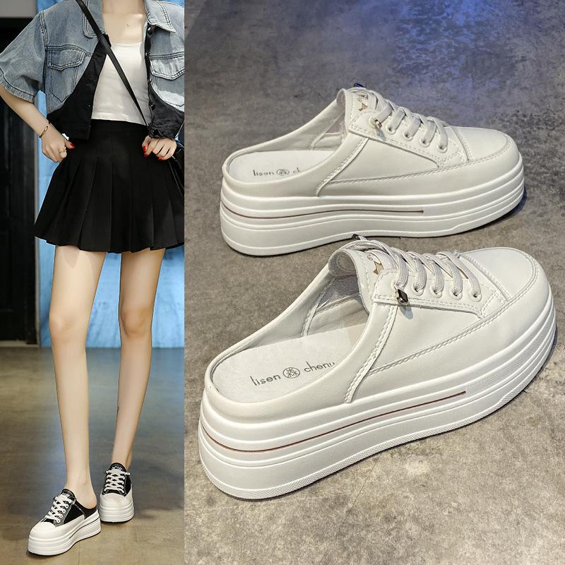 Thick-soled Bag Head Half Slippers Women's Autumn Wear New Versatile Sports and Leisure Little White Shoes To Increase the Height of Lazy Sandals