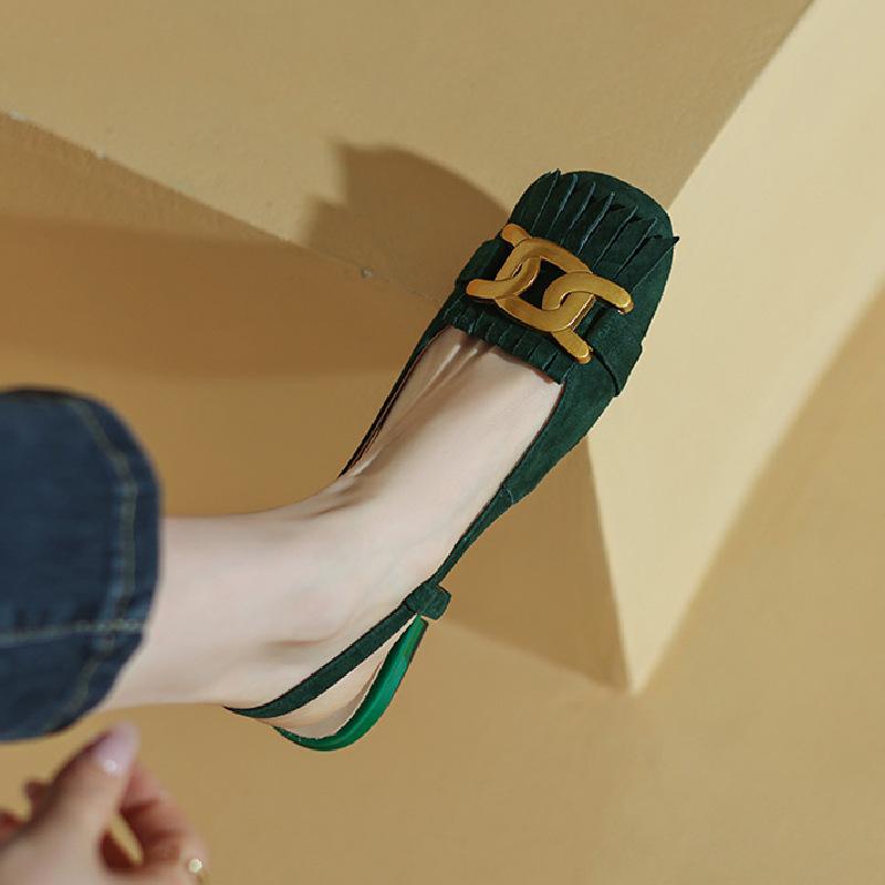 

Французские ретро-сандалии женские 2024 лето новые Баотоу темно-зеленые модные универсальные туфли женские металлическая пряжка туфли на низком каблуке каблуки 40 зелёный