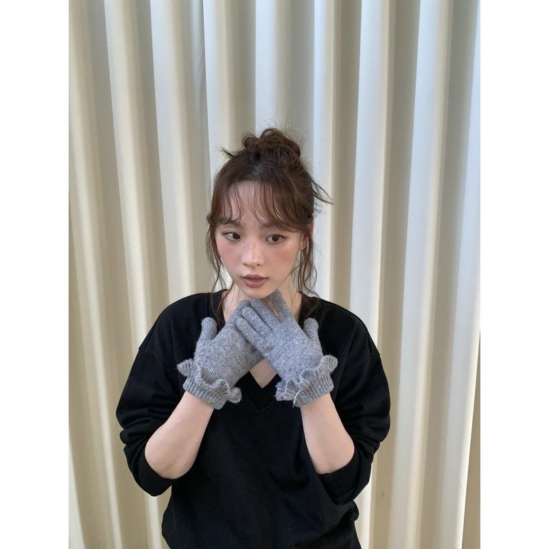 

Кружевные перчатки для женщин-меньшинств на зиму, милые и теплые, с отделкой «черный гриб», вязаные однотонные one size fits all серый