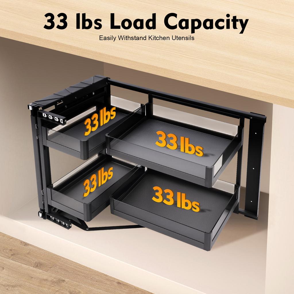 14 In Full Extension Blind Corner Pull Out, Cabinet Organizer Swing Out Tray, 2 Tier Magic Corner Lazy Susan Storage Solution