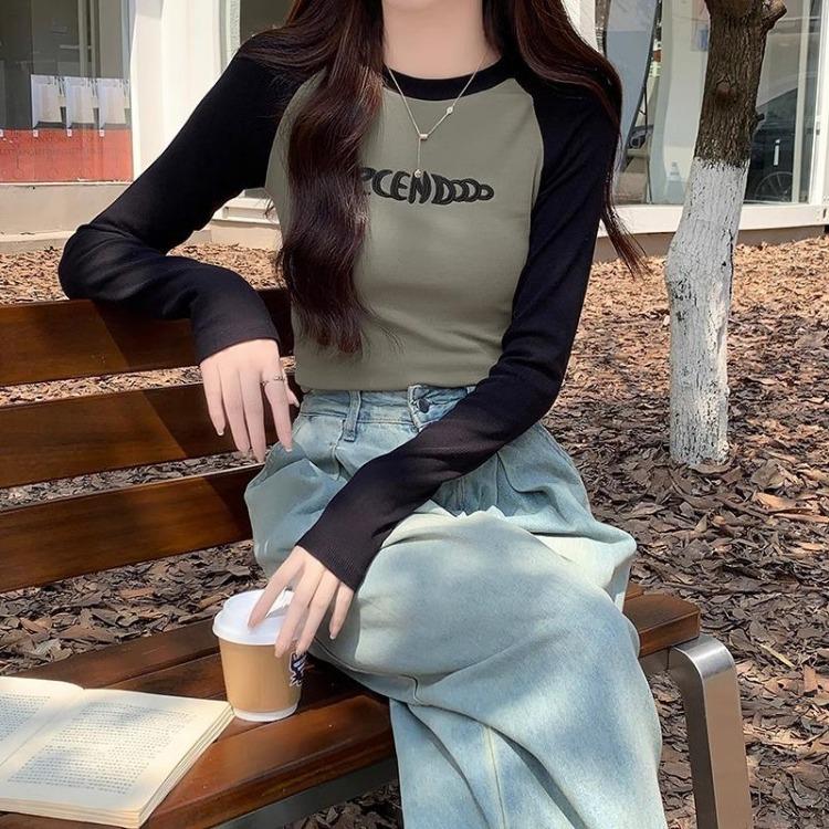 Women Autumn Winter Raglan Sleeve T Shirt American Style Contrast Stitching Hot Girl Cropped Short Top