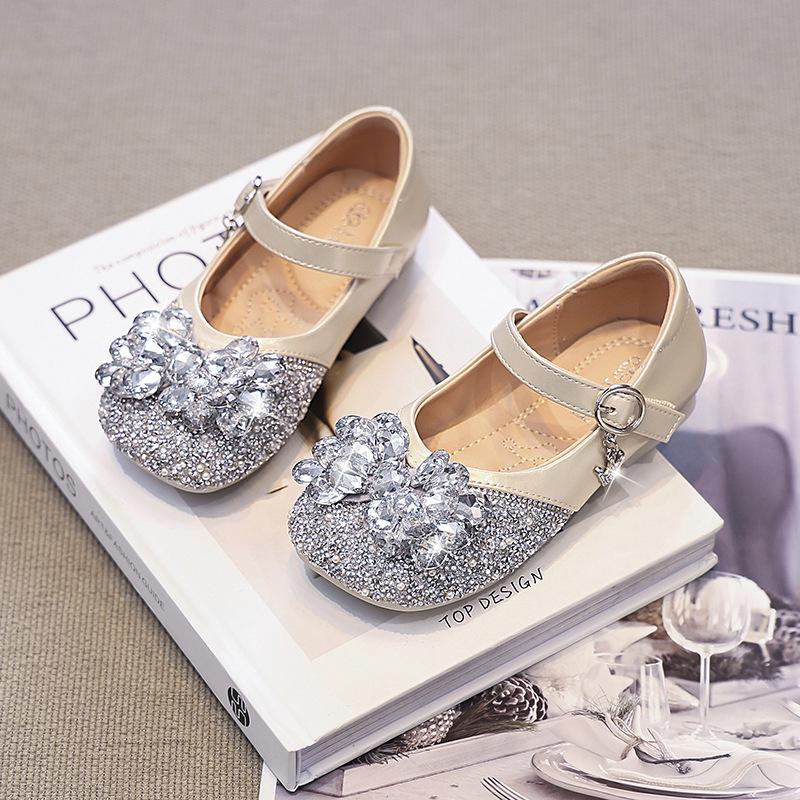 Girls small leather shoes silver princess shoes 2025 new spring children's shoes soft sole women's treasure crystal shoes Elsa