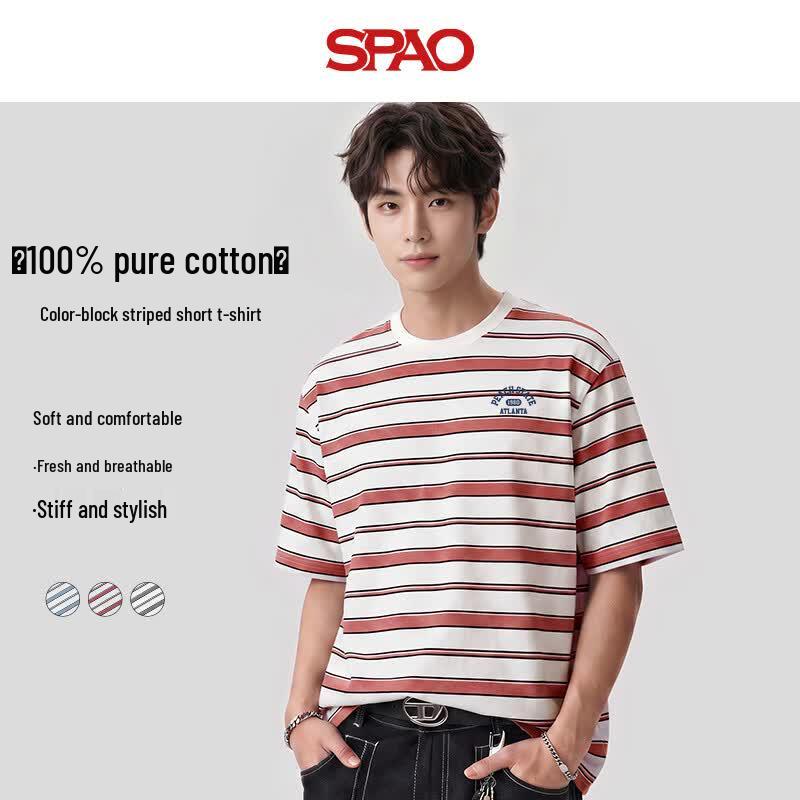 SPAO Men's 100% Cotton Striped Crew Neck T-Shirt