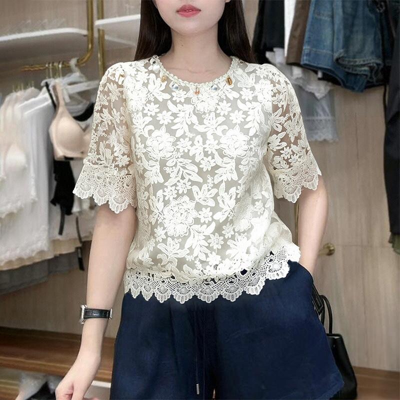 ZANZEA Women Summer Casual Hollow Lace Patchwork Short Sleeve Blouse