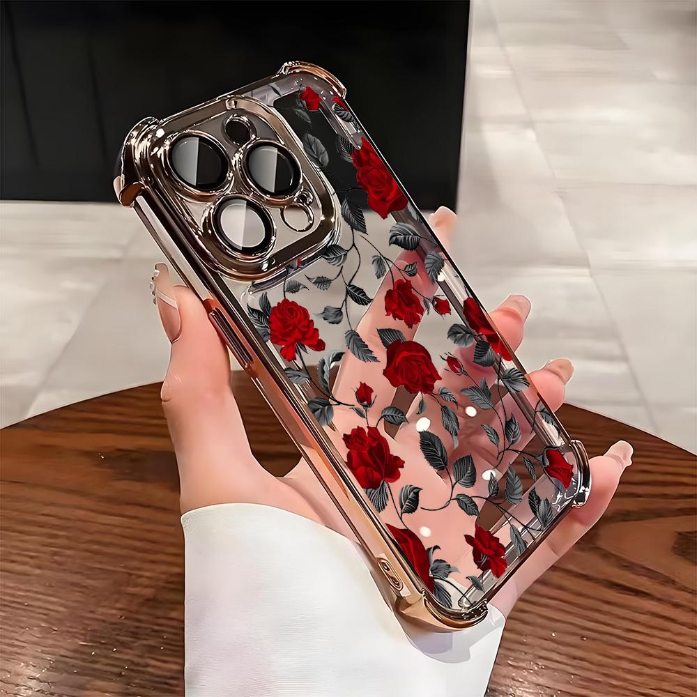 

Elegant Rose Pattern Electroplated AntiDrop Transparent Phone Case For iPhone 16 Pro Max 15 14 Plus 13 12 11 17 Air 16E Cover iPhone 12 Pro