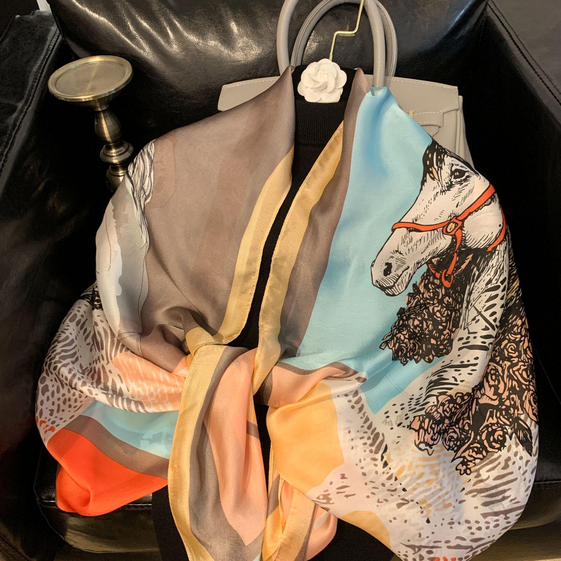 New faux silk Korean fashion printed horse silk scarf women s simple style scarf warm windbreak scarf 90*180cm