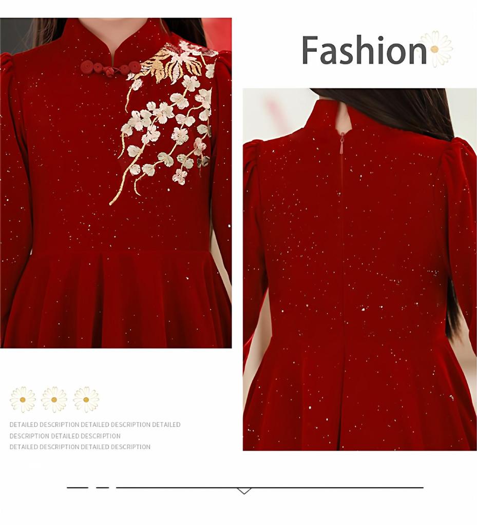 Korean Silver Fox Velvet 410g Girls' Elegant Red Long-Sleeved Embroidered Dress