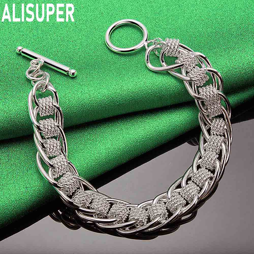 925 Sterling Silver Mesh Diamond Pattern Connecting Side Chain Simple Bracelet Gift Jewelry