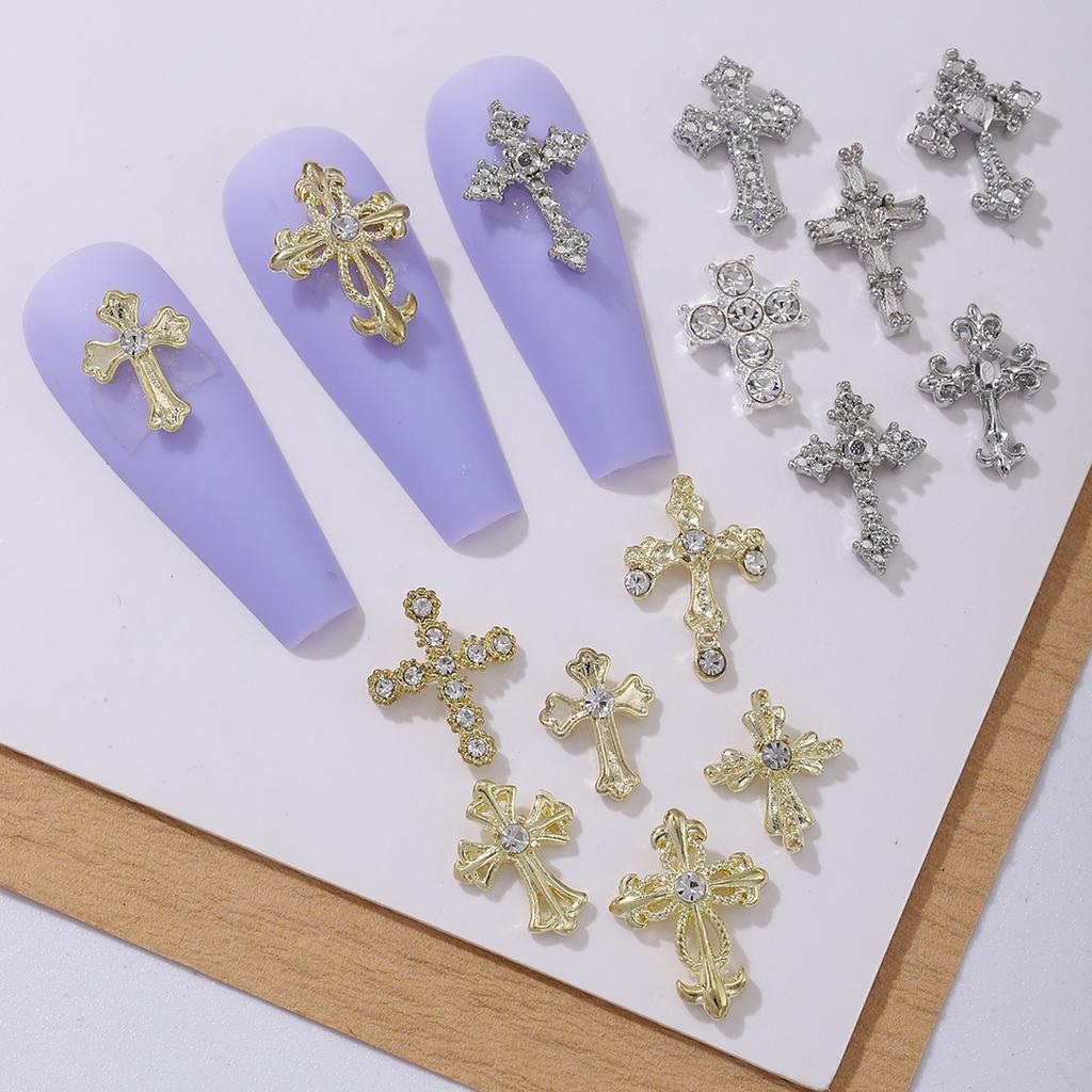 30 Pcs Gold and Silver Punk Wind Vintage Cross Nail Decoration, Alloy Rhinestone, Y2k Metal Style DIY Styling Decoration