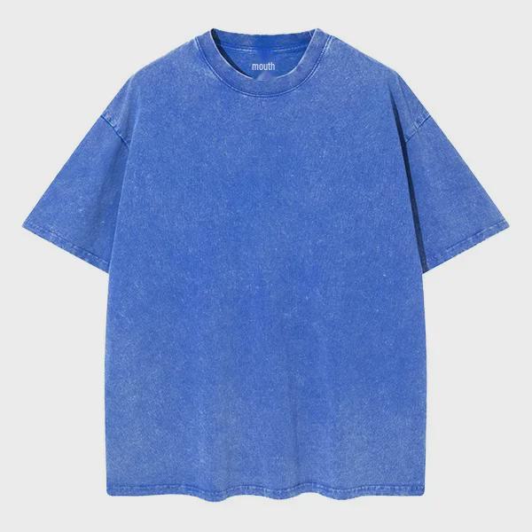 Retro bawełniany T-shirt z efektem sprania, 230g, Prany, Krótki rękaw, Okrągły dekolt, Luźny krój, Wzór płatka śniegu, Męska odzież codzienna