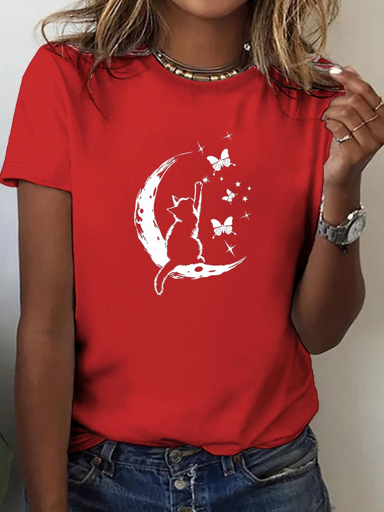 

Womens Soft TShirt with Stylish Cat Moon Illustration print Comfort Fit Crew Neck Short Sleeve Casual summer fashion Clothing 4XL