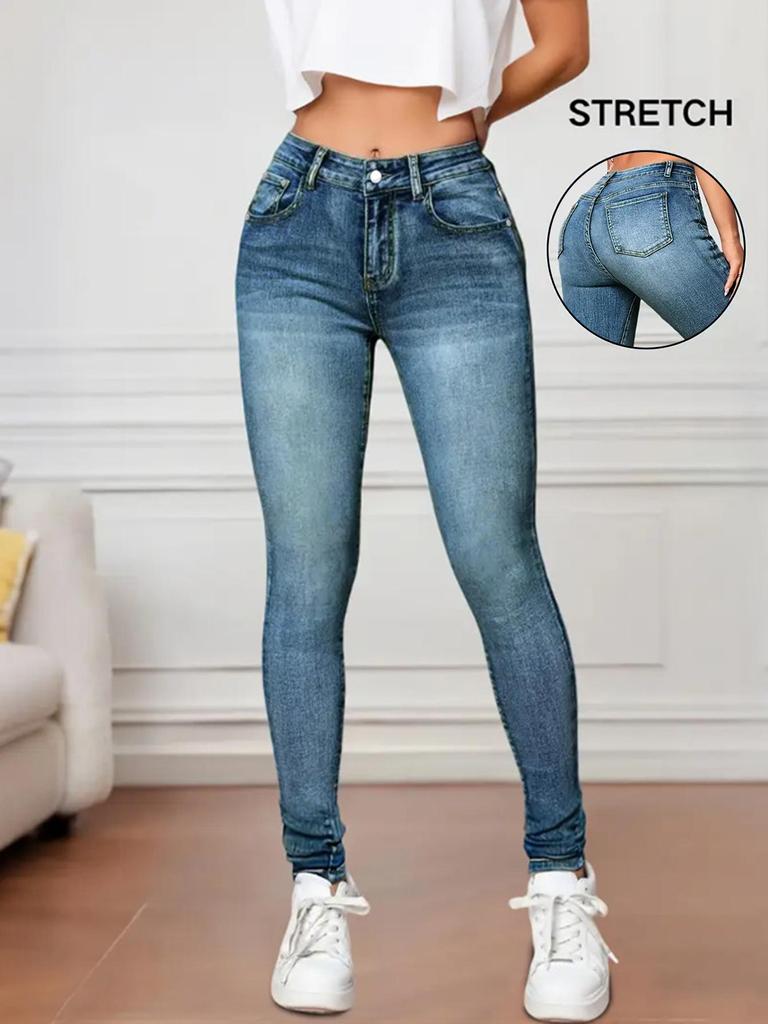 European & American Cross-Border Mid-Waist Washed Stretch Butt-Lifting Women's Skinny Jeans