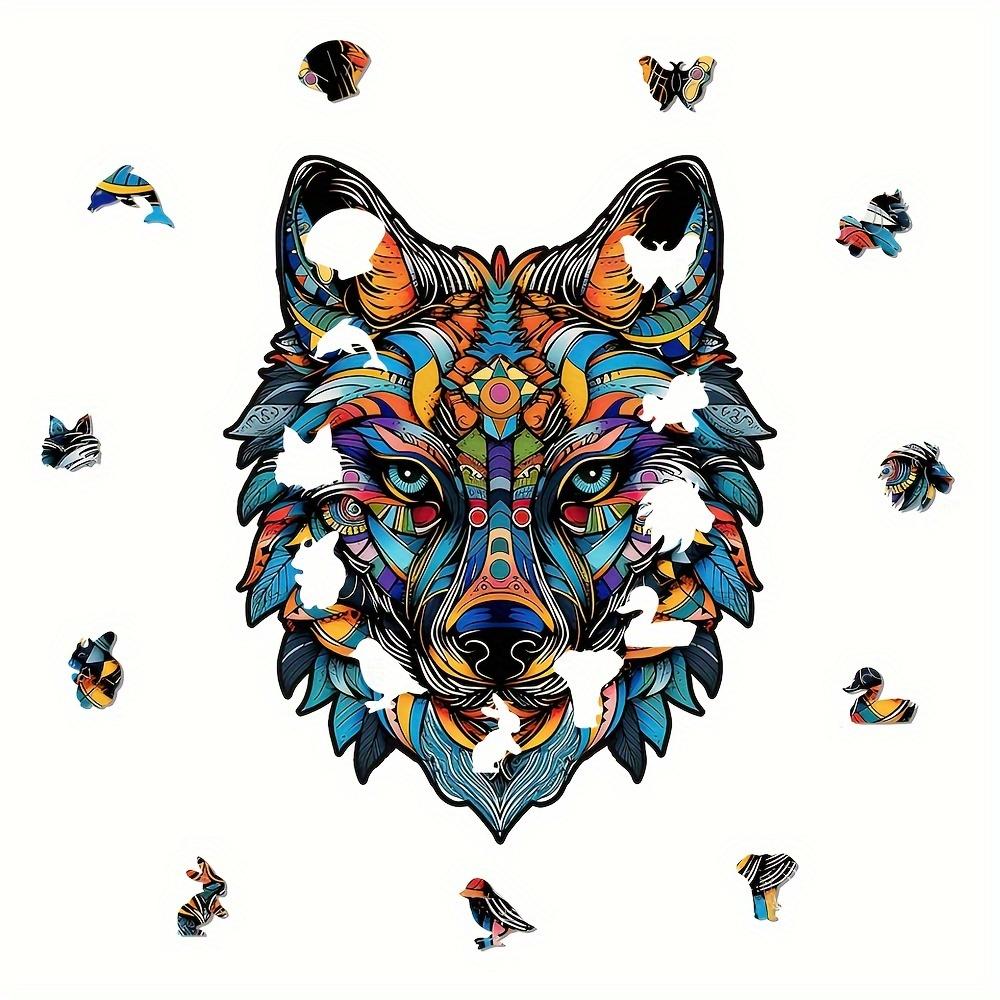 Wooden Jigsaw Puzzle Colorful Wolf Gift Box, Beautiful Gift Irregular Shape Jigsaw Puzzle Christmas Gift, Adult Stress Reduction Cool Unique Gift