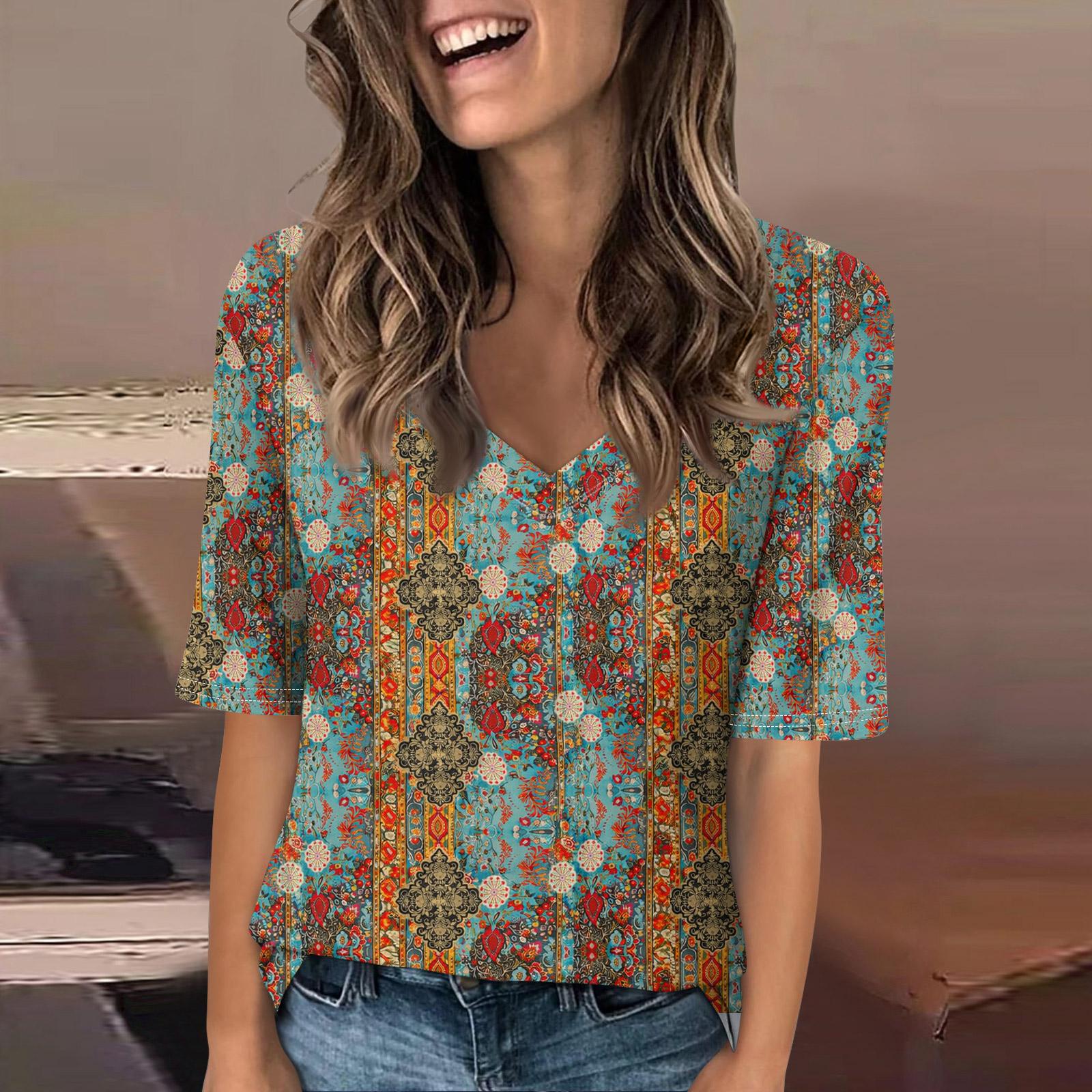 Женская модная повседневная блузка с коротким рукавом и рукавом три четверти, с богемным принтом, с V-образным вырезом S коричневый