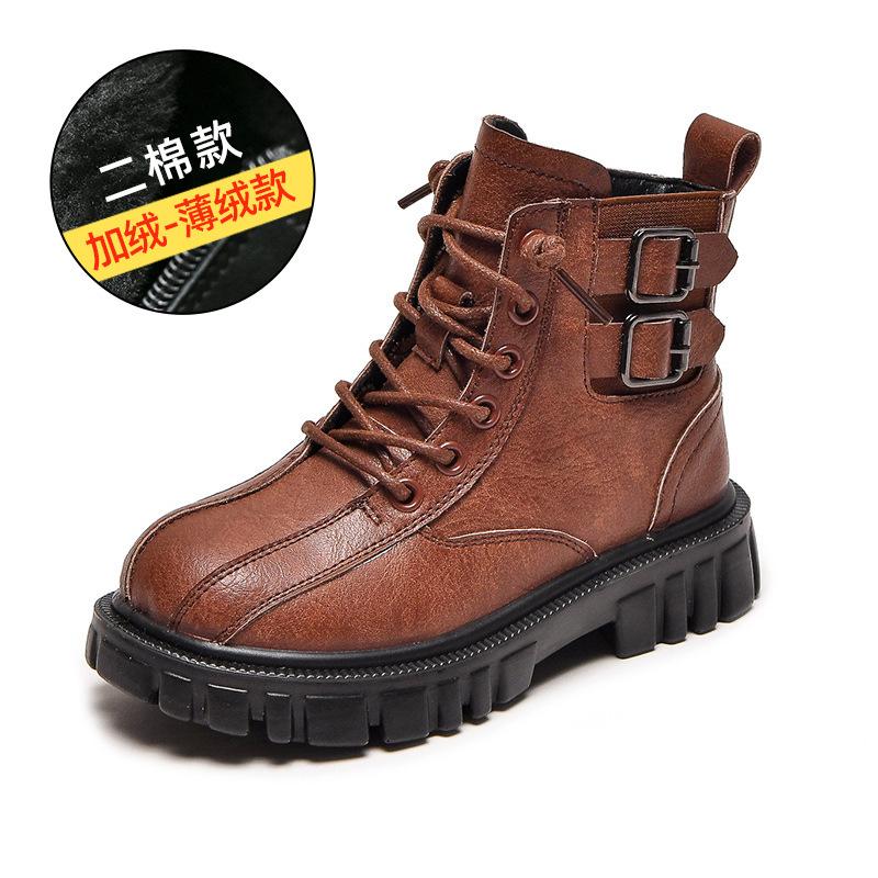 Fashion retro children's Martin boots autumn and winter new leather single boots velvet British style casual non-slip boys short boots