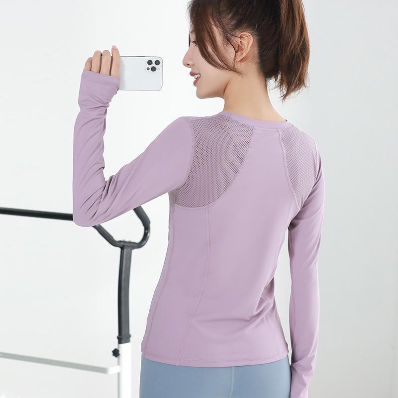 Peach Lulu Yoga Long Sleeve Mesh Sports Top - Quick Dry, Breathable, Round Neck Fitness Wear