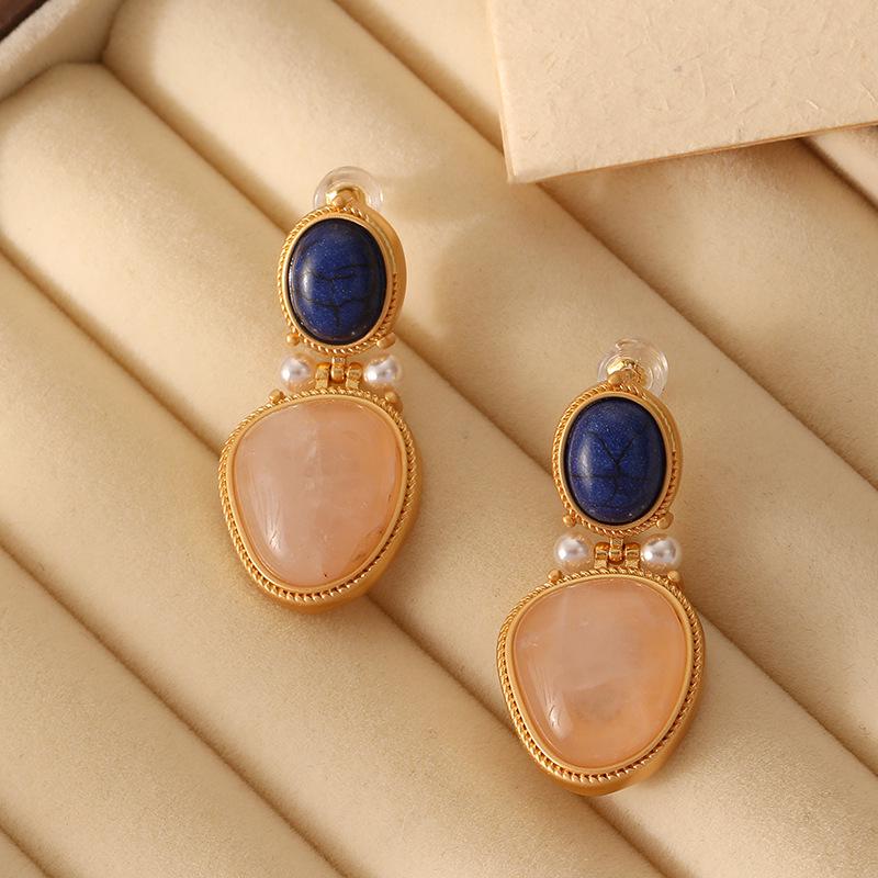 Elegant French Retro Geometric Natural Stone Earrings with 925 Silver Needle