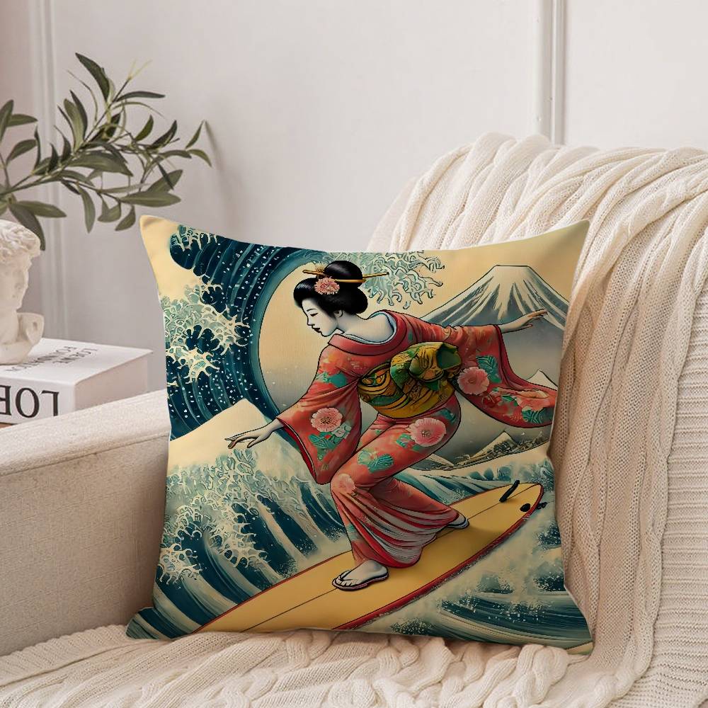 

Japanese Ocean Day Pillow Case Home Decor Throw For Sofa Bed Car Room Decor Gift Idea 12x12Inch