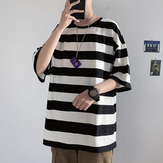 Men Summer T-shirt Striped Color Matching Half Sleeves Round Neck Loose Japanese Style Casual Daily Wear Teenager Streetwear Spring Top