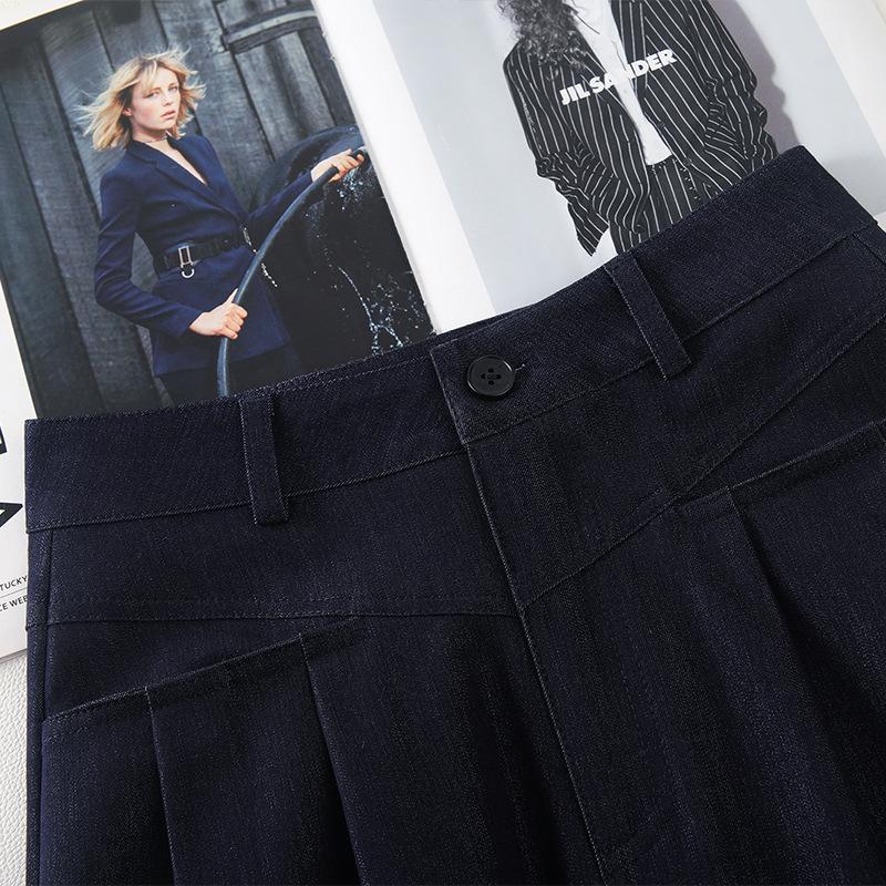 Women's High-Waist Dark Blue Denim Pleated Midi Skirt, 2025 New A-Line Slimming Design