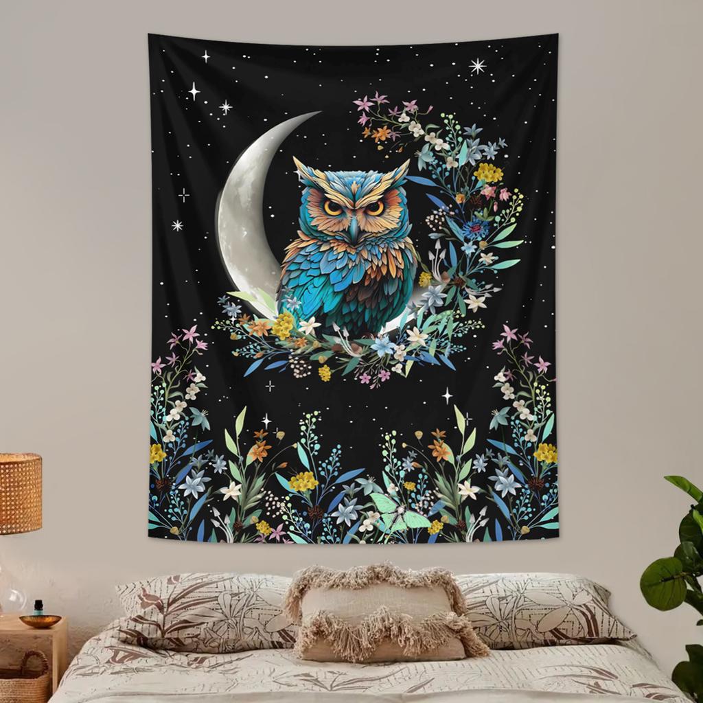 1pc Bohemian Owl Floral Aesthetic Tapestry, Moon and Starry Sky Tapestry, Cute Owl Plant Floral Plant Room Tapestry