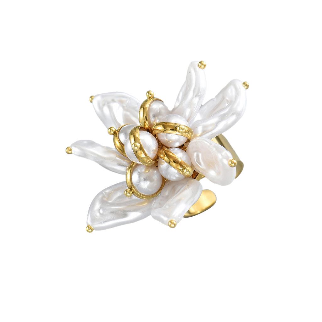 Wind Lady Ring Open Flower Inlaid Special-shaped Pearl Design Ring High Sense Index Finger Ring Female
