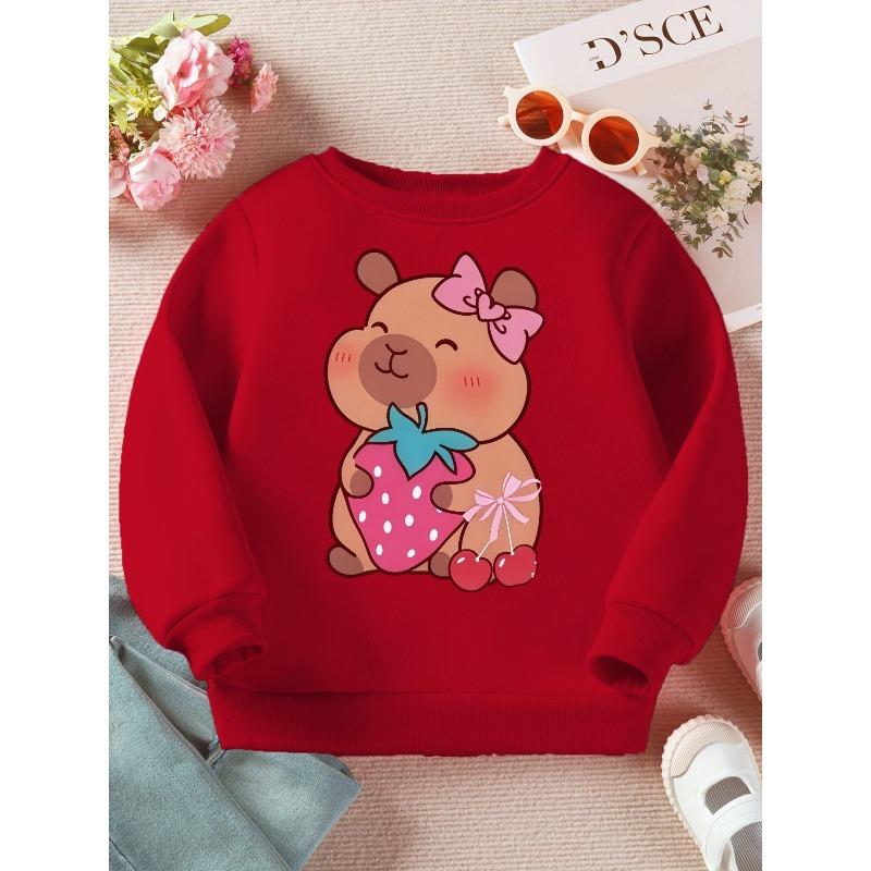Kids Crewneck Sweatshirt, Cartoon Bear Strawberry Cherry Print Cute Sweet Casual Long Sleeve Top