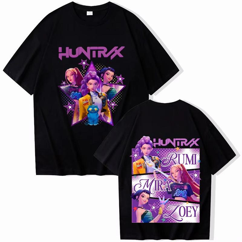 KPop Demon Hunters Cartoon Peripheral Printed Cotton T-shirt Comfortable Soft Women Casual Round Neck Short Sleeved T-shirt