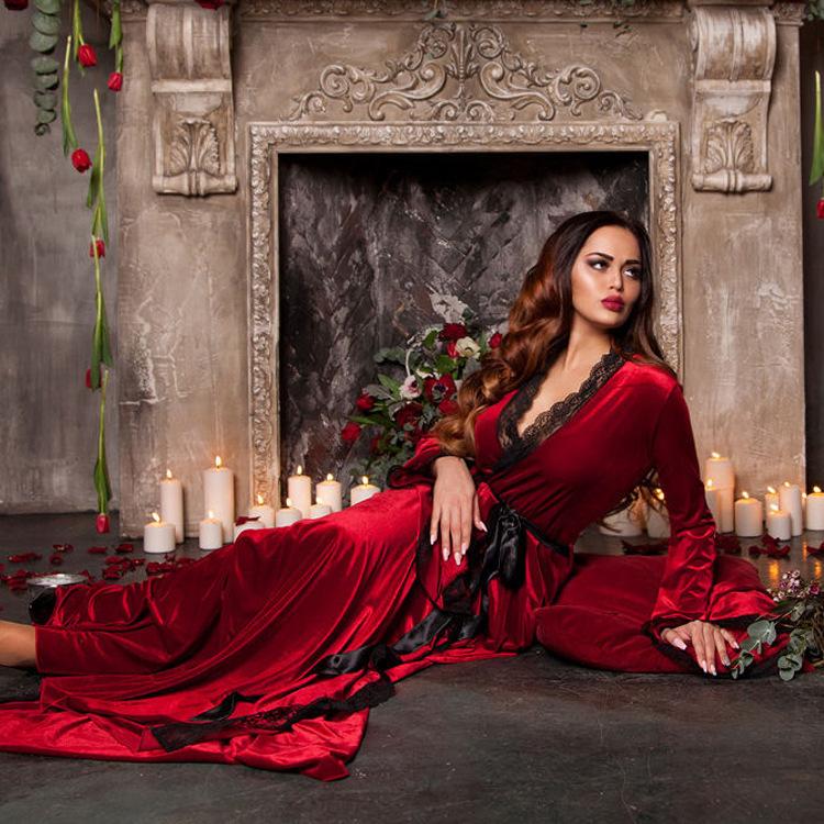 

Сексуальні нічні халати для жінок Піжами Мереживний оксамит Жіночий нічний одяг Зручні жіночі нічні сорочки Спокуса Жіноча нічна сорочка One Size червоний