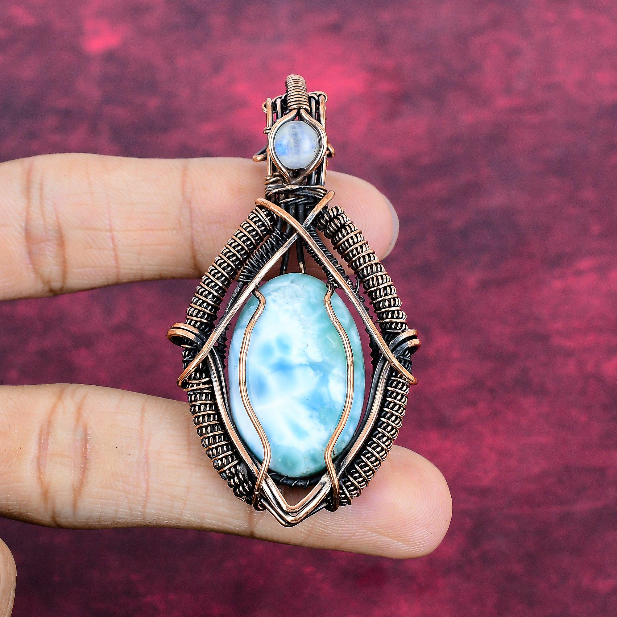 Larimar Gemstone Pendant Rainbow Moonstone Pendant Copper Wire Wrapped Jewelry