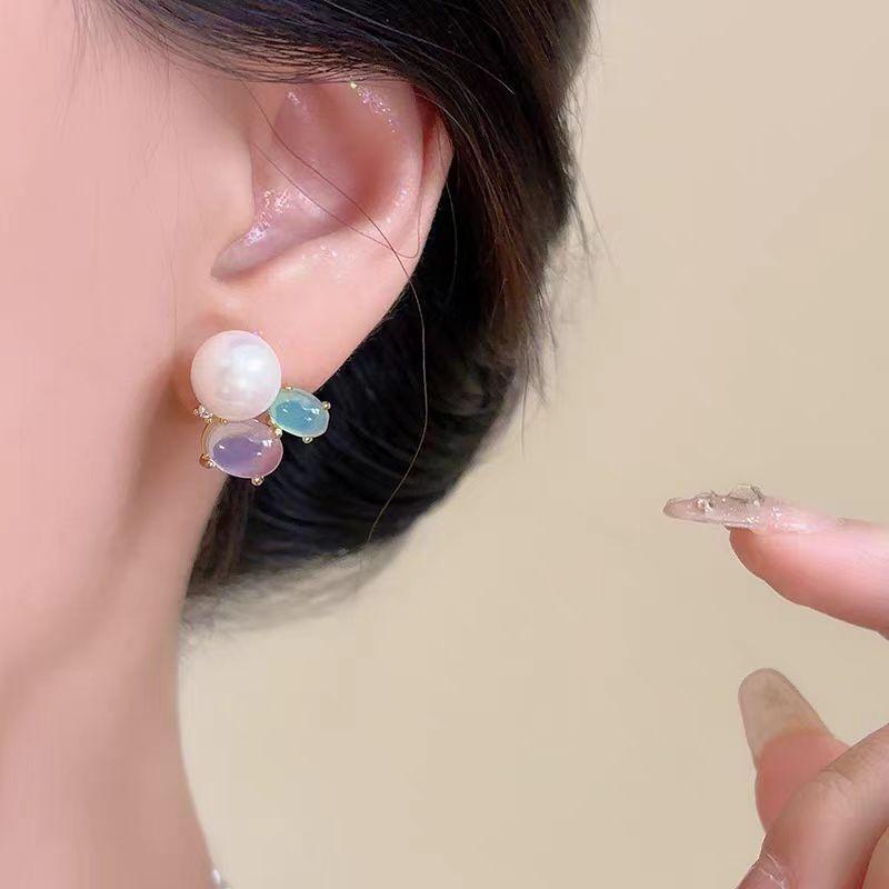 "Skittles" sweet pearl stud earrings 2025 new temperament less spring and summer simple earrings earrings