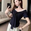 French V-Neck Lace Splicing Bow Strap Short Sleeve T-Shirt Women's Summer Niche Slim Bottom Top