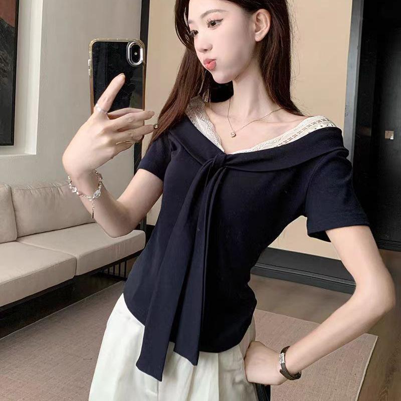 French V-Neck Lace Splicing Bow Strap Short Sleeve T-Shirt Women's Summer Niche Slim Bottom Top