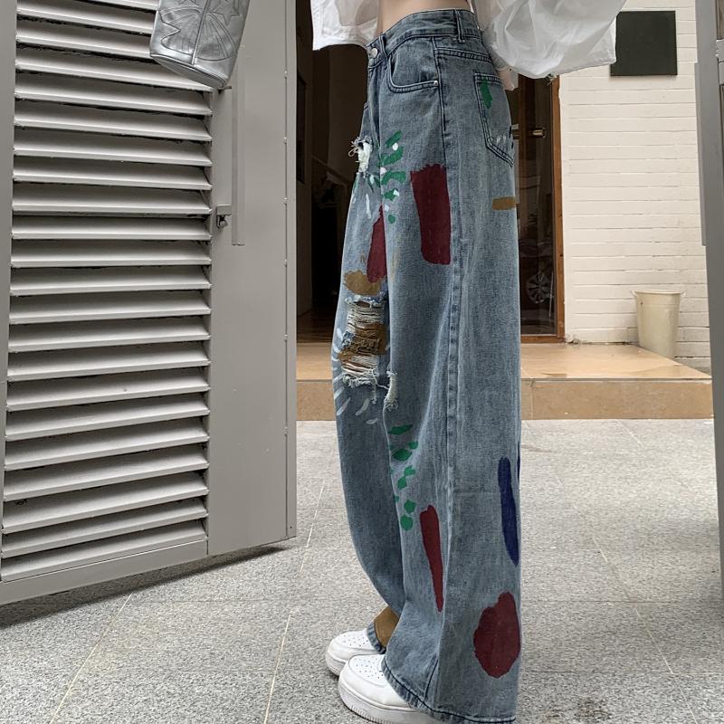 Módní Barevné Čmáranice Roztrhané Džíny Dámské S Vysokým Pasem Slim Rovná Noha Široké Kalhoty Dámské Vintage Modré Ležérní Džínové Kalhoty Dáma 24247
