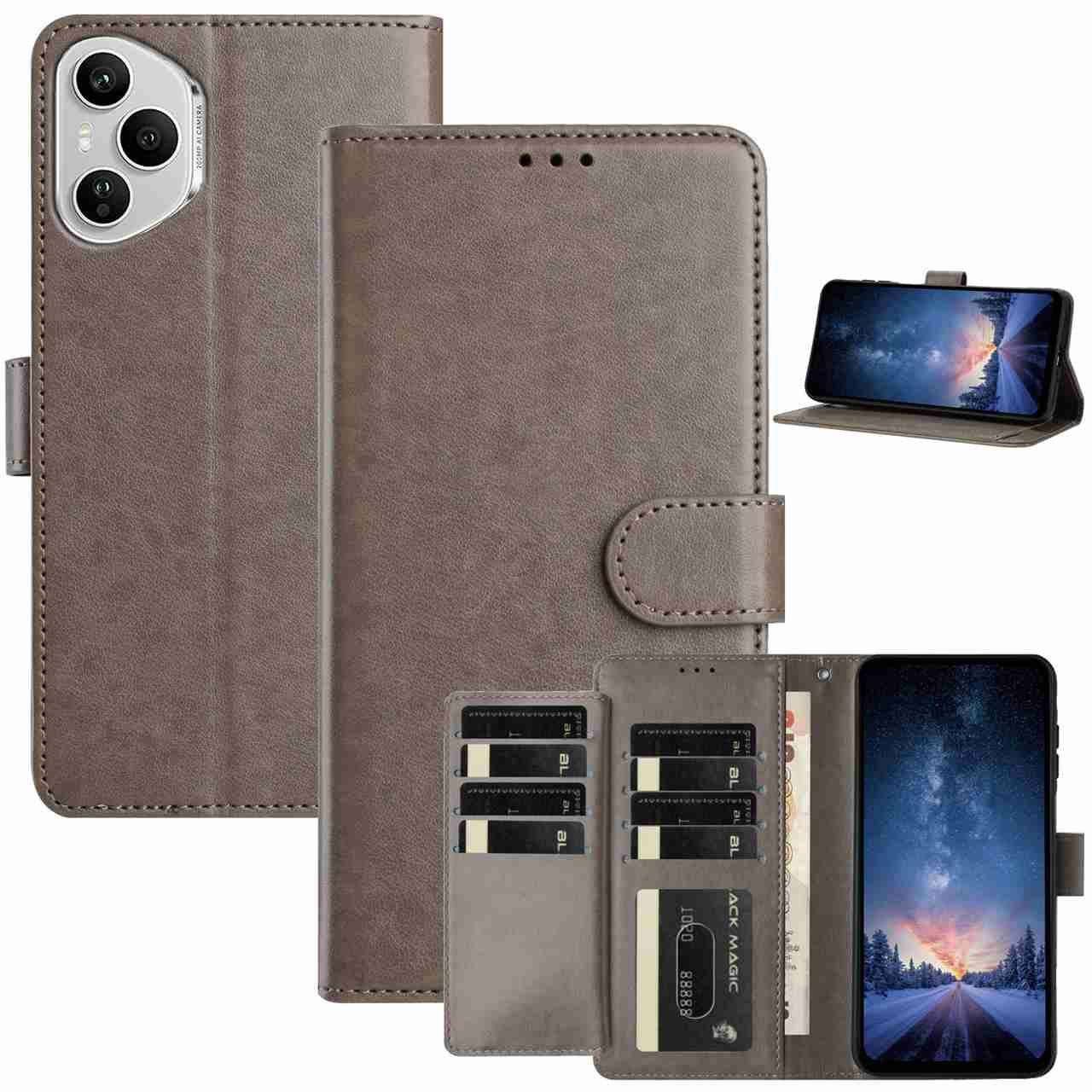 

For Honor 400 Pro 5G (Global) Wallet Phone Case Stand PU Leather Folio Flip Cover with 8 Card Slot Grey