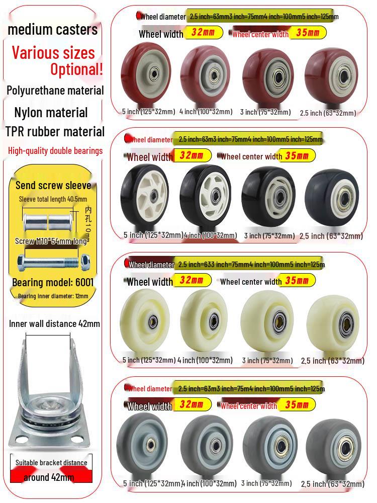Nylon Swivel Caster Wheels: 2-6 inch Heavy-Duty Rubber & Flat Plate Options