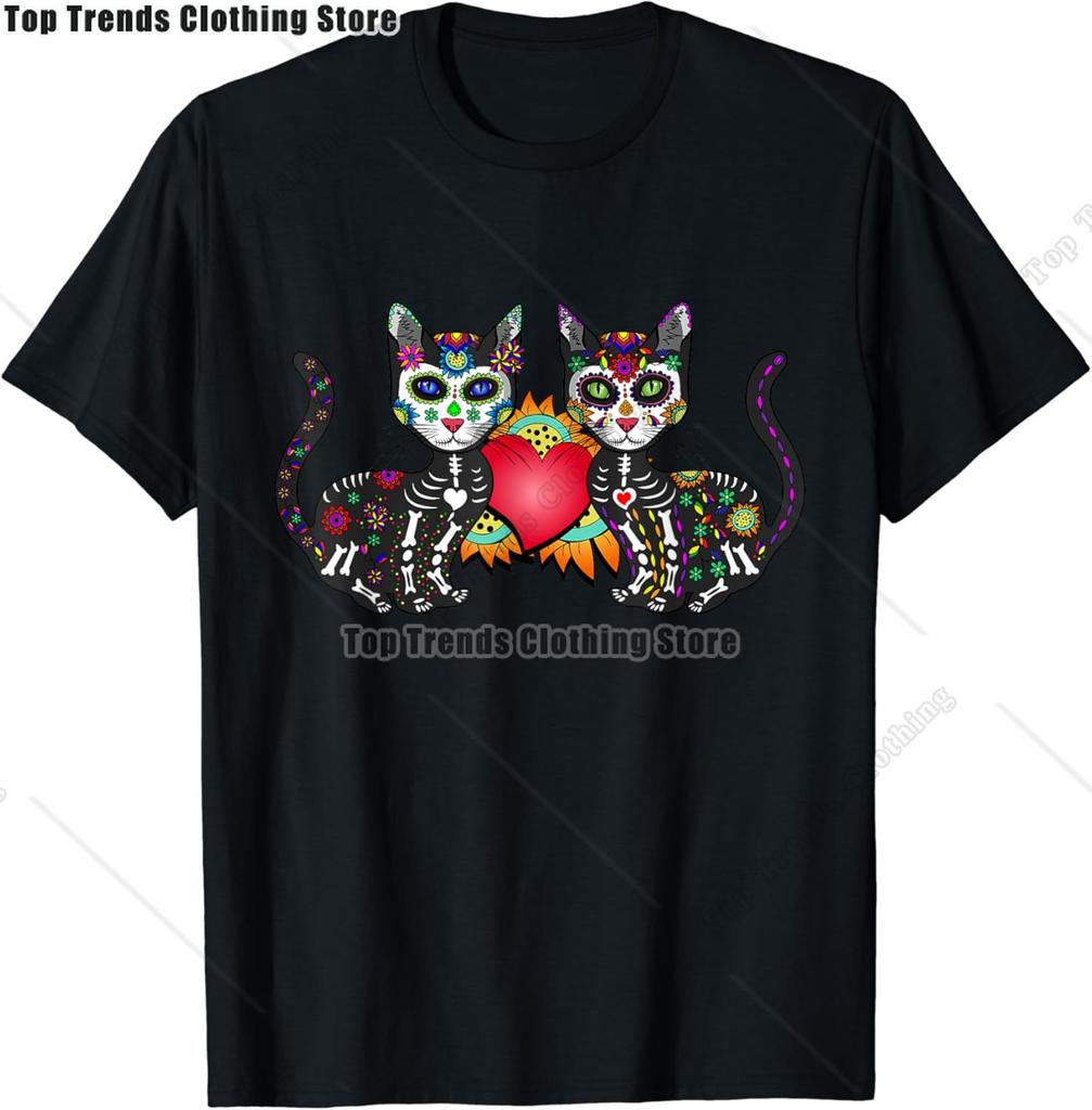 Cute Sugar Skull Cat Dia De Los Muertos Day of The Dead TShirt Mexican Summer Fashion Short Sleeved Tee TopsCasual Tshirt