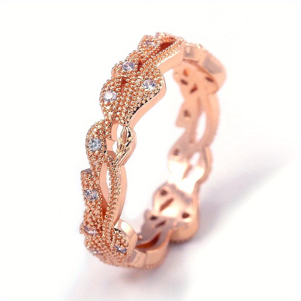 1Pc Leaf Inlaid Synthetic Zircon Ring, Rose Gold Fashion Ring