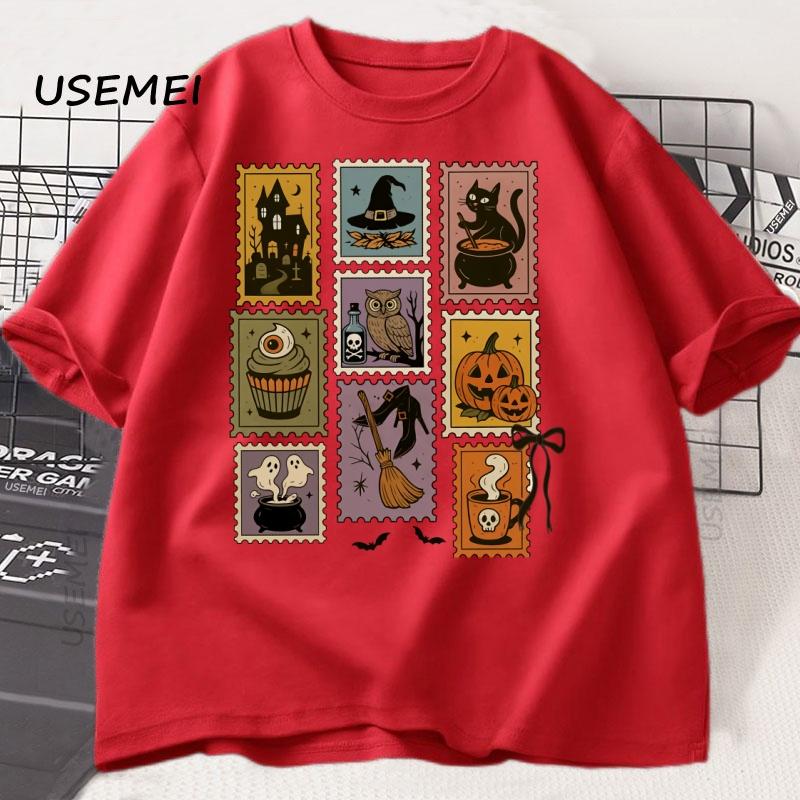 Spooky Halloween Stamp T Shirt for Unisex Women Retro Fall Tee Cute Ghost TShirt Witch Cat Pumpkin Tshirt Cozy Autumn TShirt S
