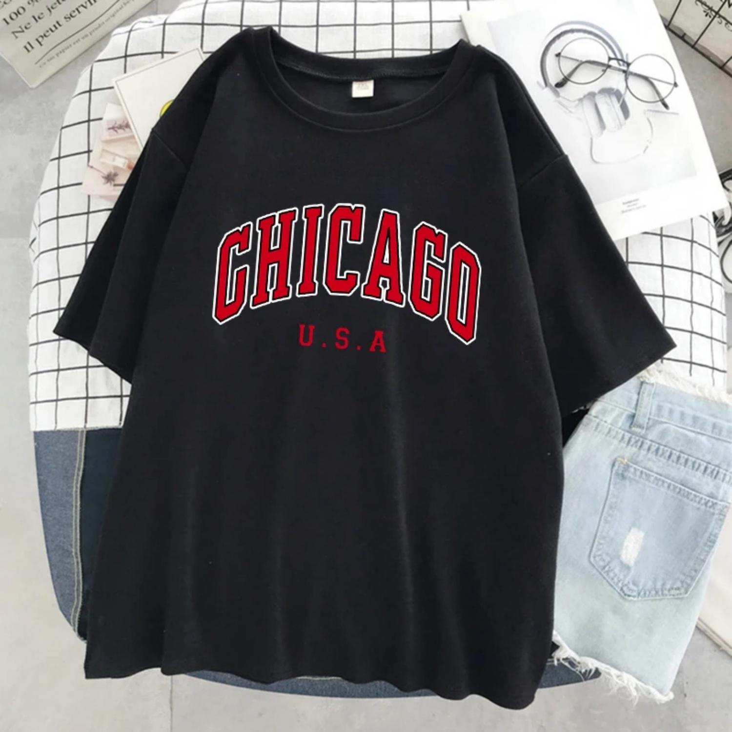 

Футболка с графическим принтом Chicago Usa City Letter, женская уличная летняя футболка, повседневная, большого размера, с коротким рукавом, дышащая, классная футболка S чёрный