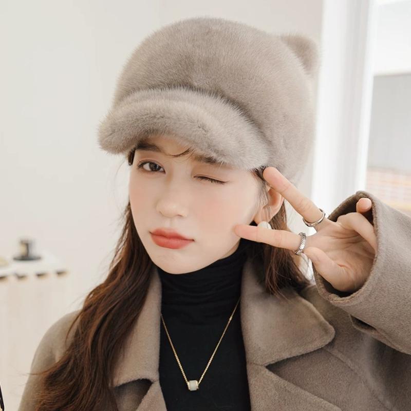 Winter Ladies Mink Hat Sweet Cute Cat Ears with Tail Whole Mink Hat Mink Fur Cap Tide