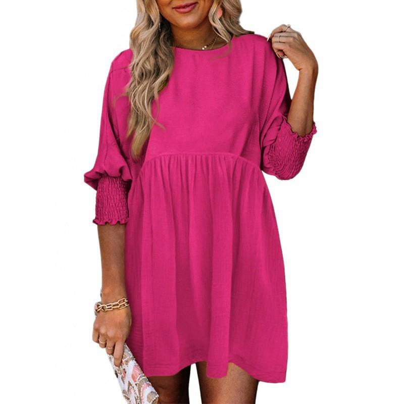 

Casual Solid Color Tulip Lantern Sleeve Dress Women Europe America Cross-border Round Neck Long-sleeved Straight Fashion Short Skirt M розы красного