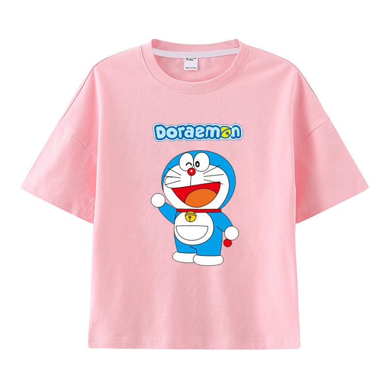Pure Cotton Childrens Shortsleeved Tshirt for Summer Boys and Girls Halfsleeved Childrens Clothing with Doraemon Pattern