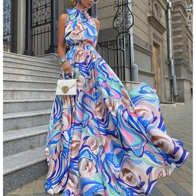 Spring and Summer New European and American Women's French Long Dress Chiffon Suspender Blue High Waist Temperament Printed Dress