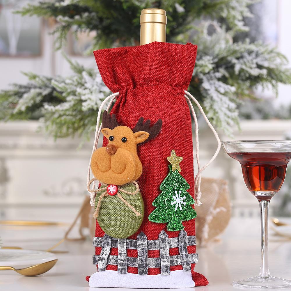 Christmas Wine Bottle Bags Burlap Wine Bags with Drawstring Santa Snowman 3D Pattern Design Reusable Christmas Wine Bottle Cover