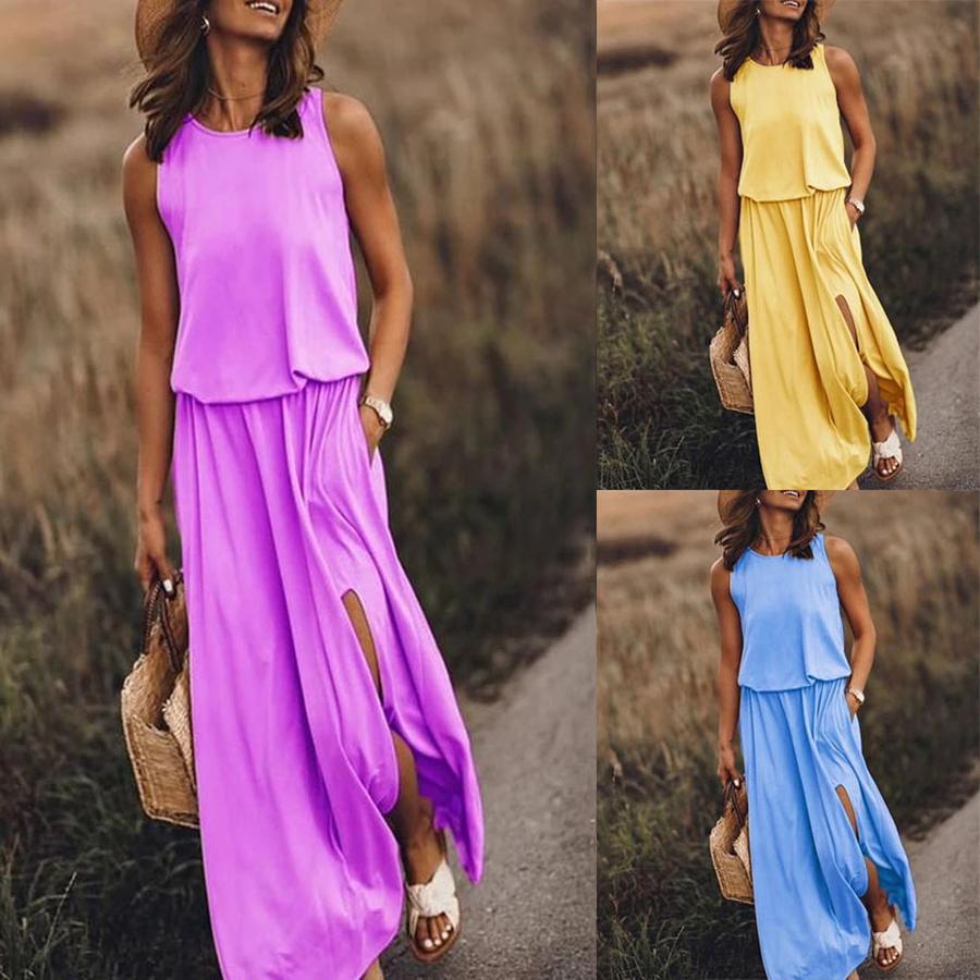 Summer New Women's Imported Dresses Round Neck Sleeveless A-Line Skirt High-Waisted Casual Work Commute Maxi Dress