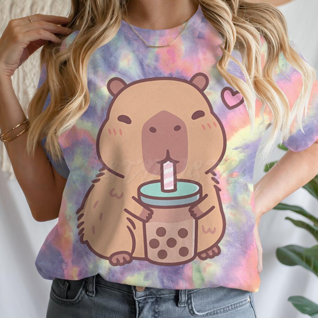 Tie Dye Animal Graphic Lover Gift Shirt Tee Capybara Kawaii Cartoon T-shirts Crew Neck Casual Summer Drink Tops
