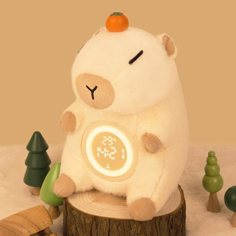 Kinder Plüsch Wecker mit Capybara-Thema und einstellbarer Helligkeit Nachtlicht 2 Alarme Schlummerfunktion USB-wiederaufladbar